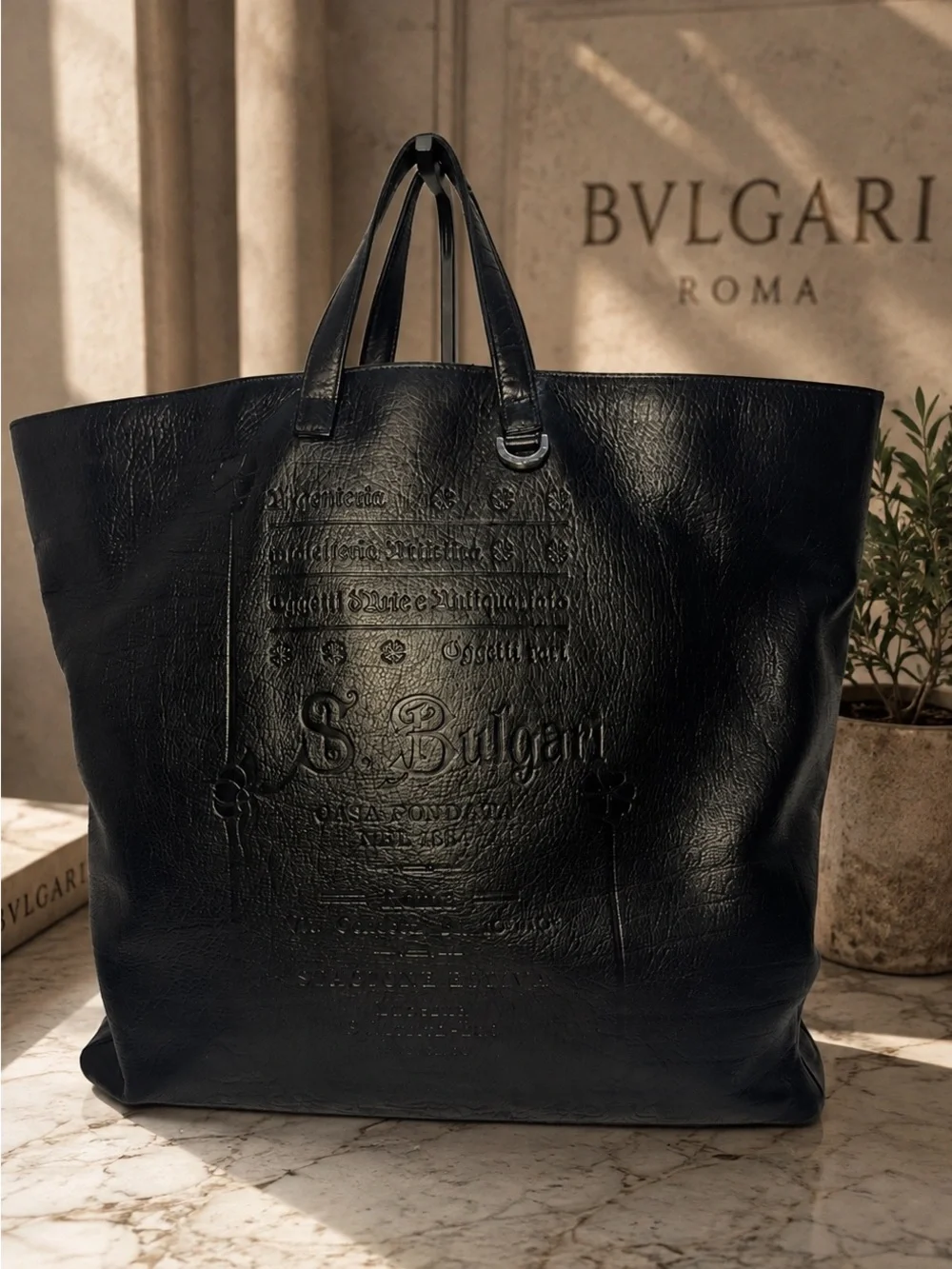 Bvlgari S. Bulgari Black Leather Embossed Logo Large Tote Bag